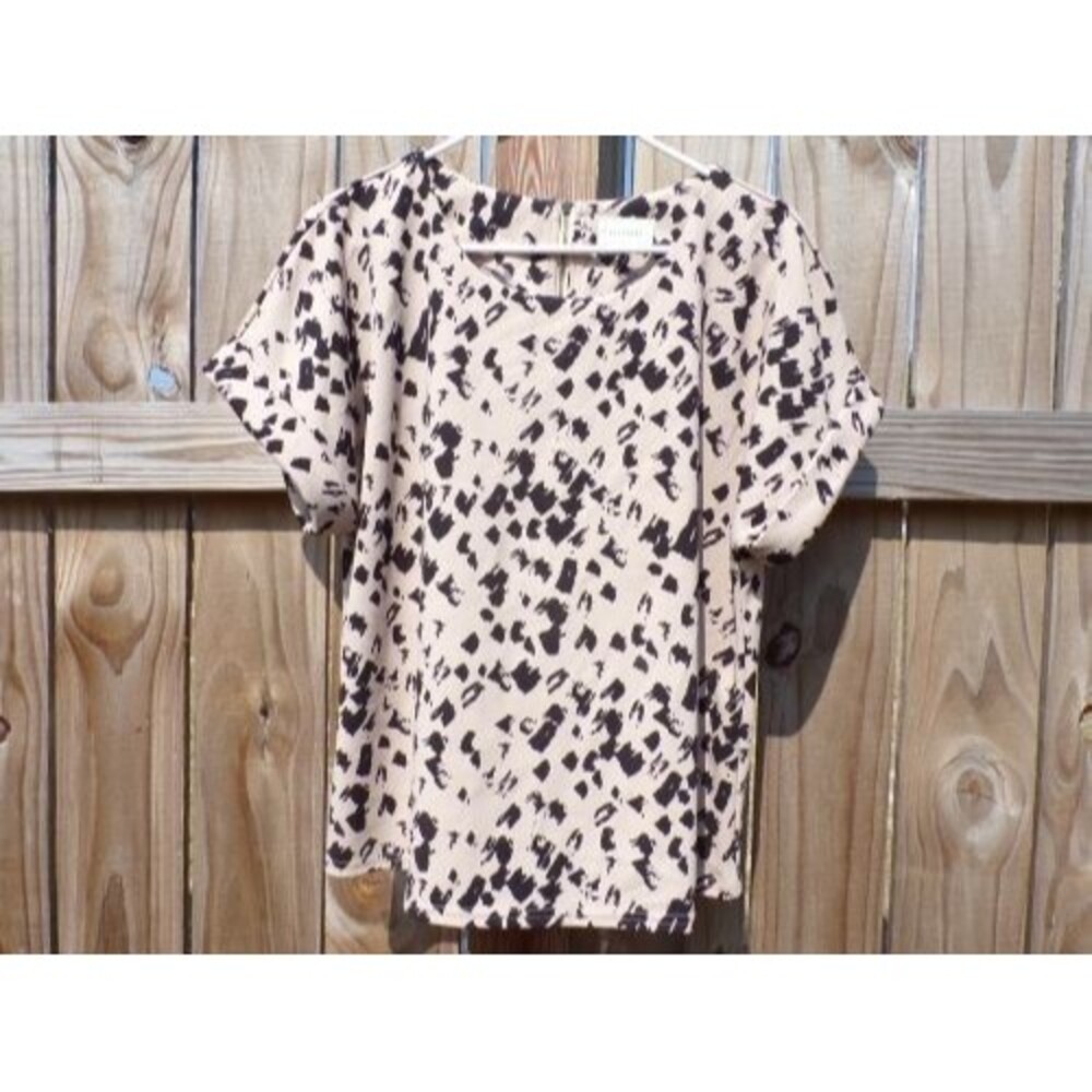 Melloday Womens Pullover Top Blouse Large Tan Black Short Sleeve Career Office